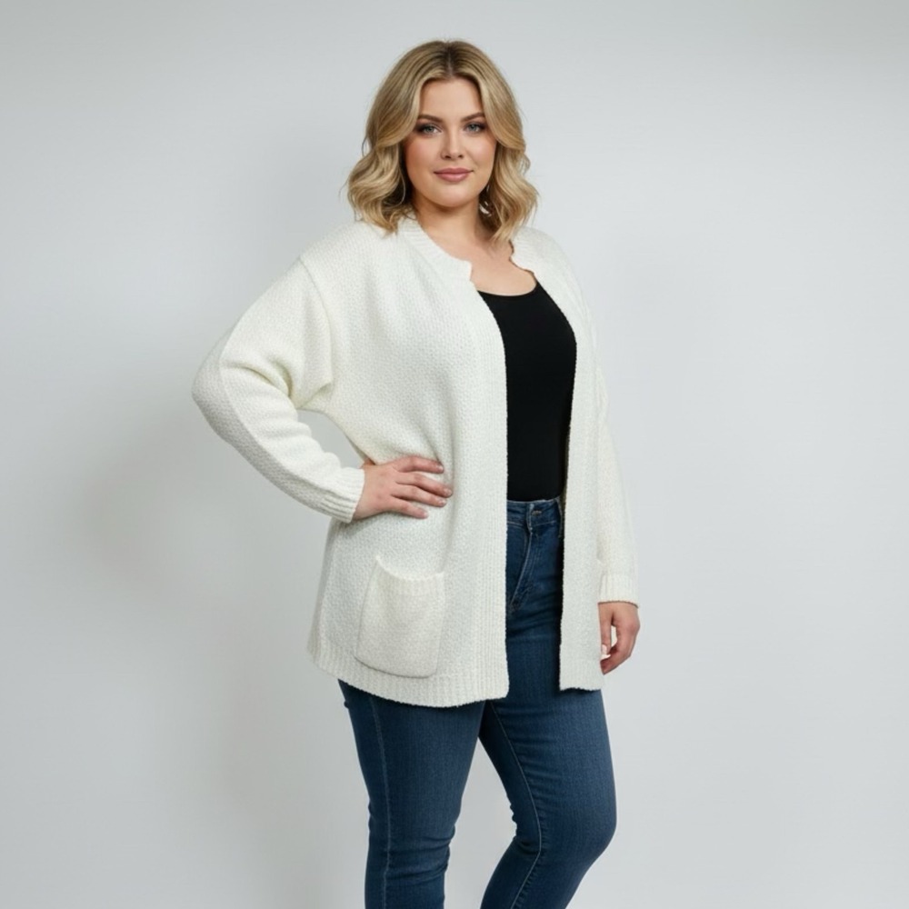 Plus Size Cream White‎ Open Front Knit Cardigan Sweater with Pockets Womens